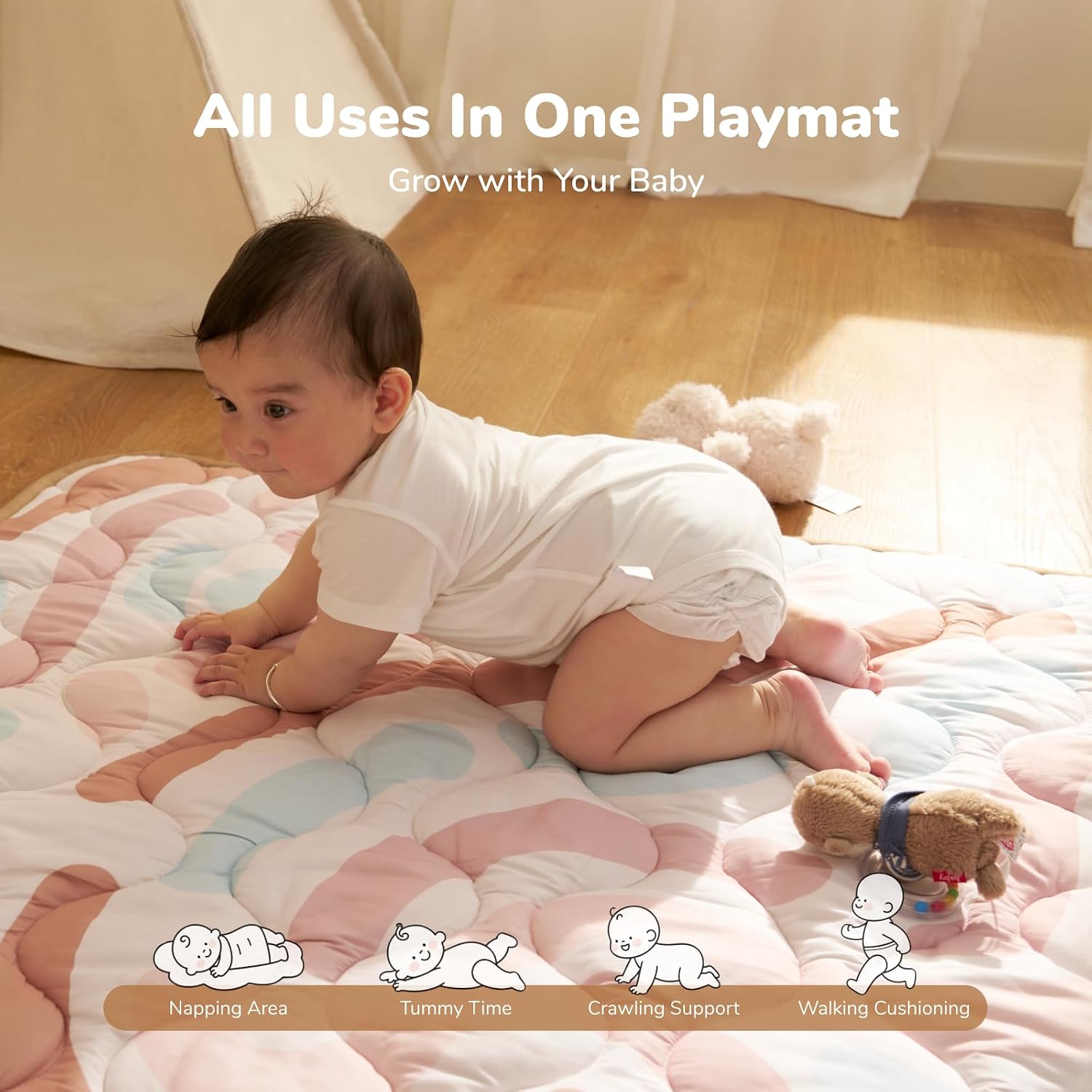 Momcozy Baby Play Mat for Floor, 50"x50" Thickened Playpen Mat, Playmate for Baby Tummy Time, Waterproof & Non-Slip, Foldable Outdoor Mat with Carrying Handle, Crayon