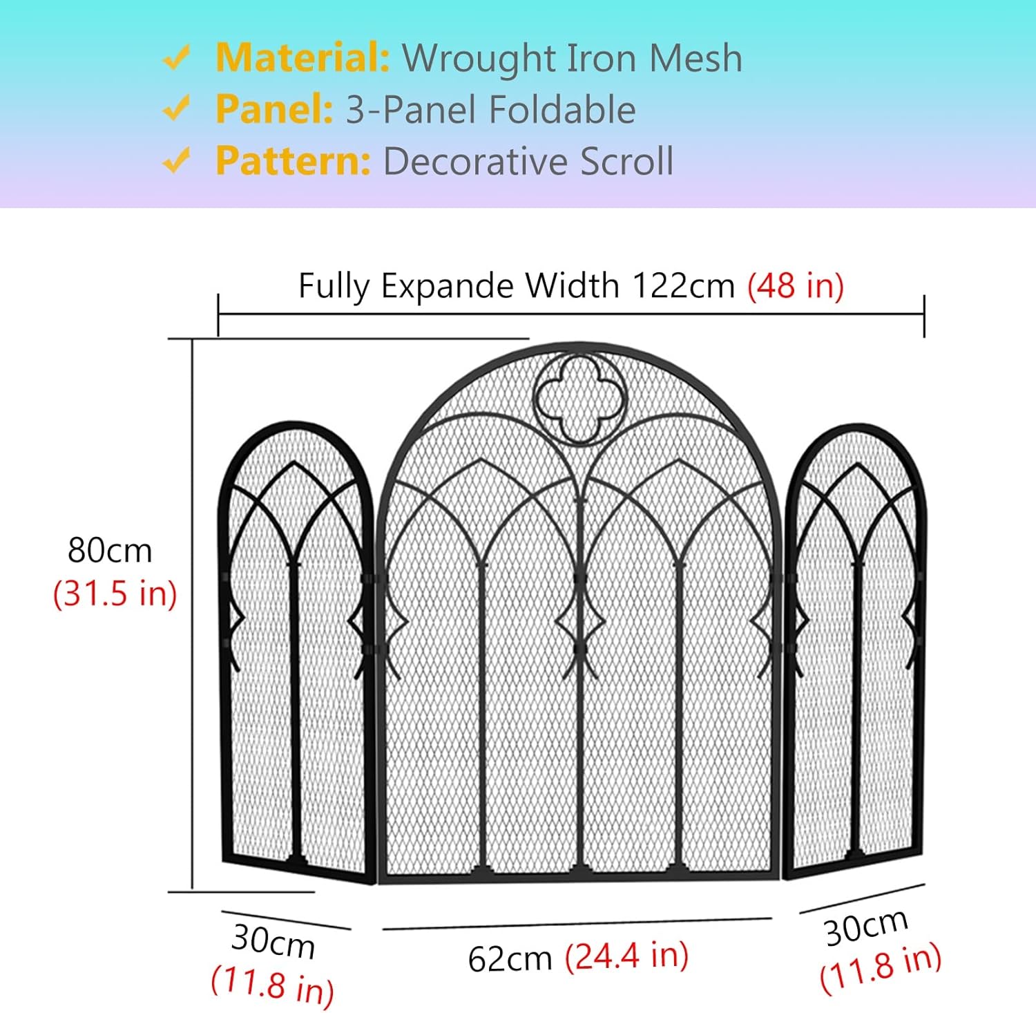 3-Panel Arch Fire Screen, Foldable Heavy-Duty Wrought Iron Spark Guard for Fireplace/Stove, Durable Protection for Portico & Hearth Areas