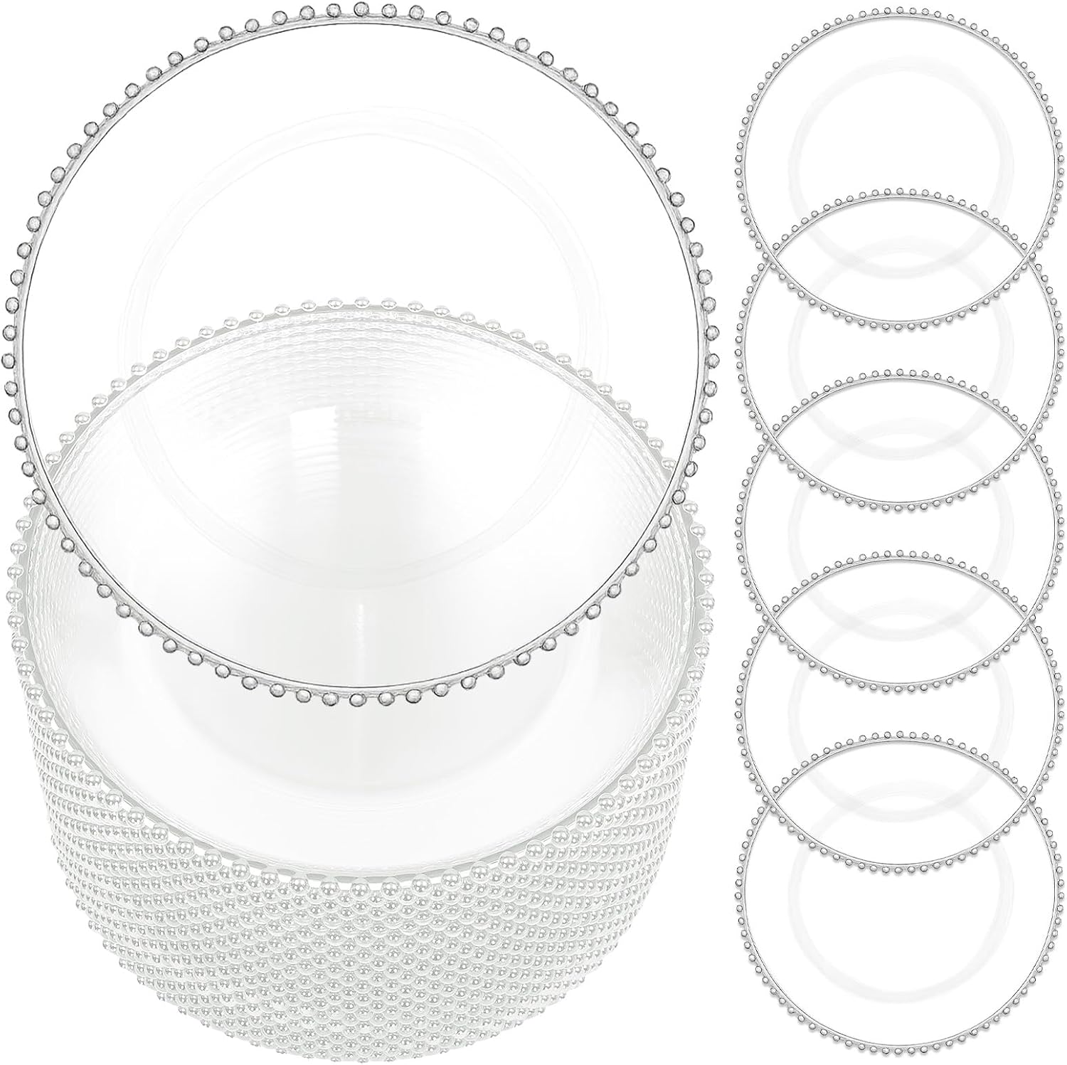 LOYALHEARTDY 13 Inch Clear Charger Plate with Silver Beaded Rim, Reusable Plastic Round Underplate for Wedding, Banquet, Holiday Party Table Setting, Set of 25