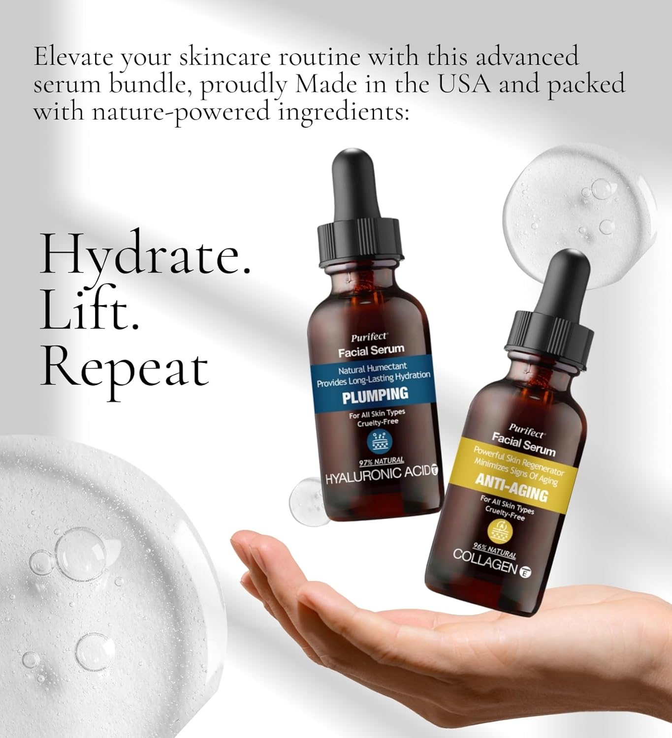 Purifect Plumping Pure Hyaluronic Acid Serum for Face Bundle with Purifect Collagen Anti-aging Facial Serum 30ml each by Symphony Beauty – Hydrates, Firms & Supports Skin Renewal – Gift Set (2 Items) - Image 2