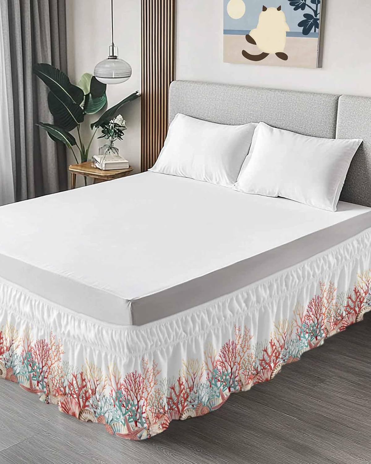 Red Coral Coastal Bed Skirt King Size 16 Inch Drop, Adjustable & Elastic Wrap Around Bed Skirts Pleated Luxury Dust Ruffles for Twin Full Queen Cal King Base Bed, Summer Beach Shells Starfish Ocean