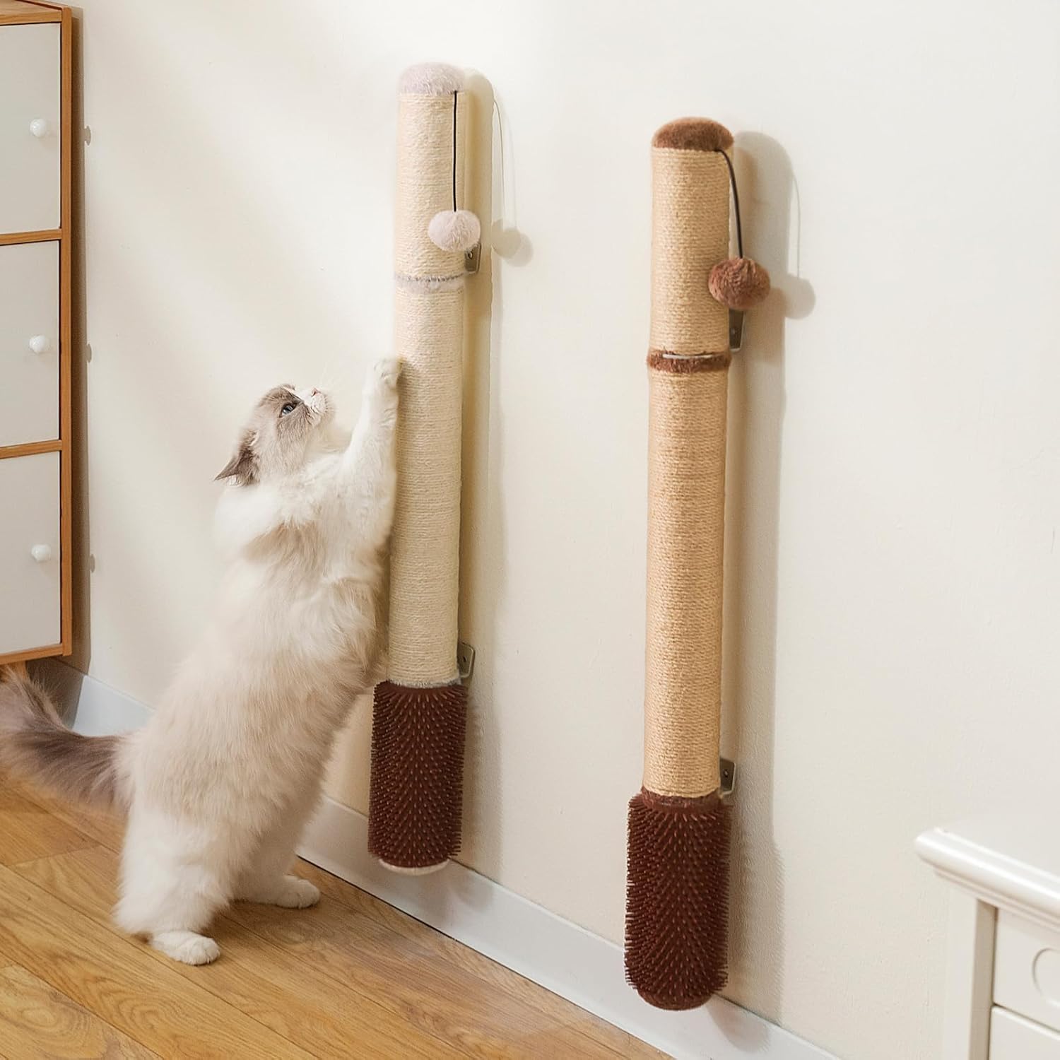 2-Pack Wall Mounted Cat Scratcher, 34" Extra Tall Vertical Sisal Scratching Post for Large Cats, Space Saving Cat Wall Scratcher Set with Self Grooming Brush & Hanging Ball