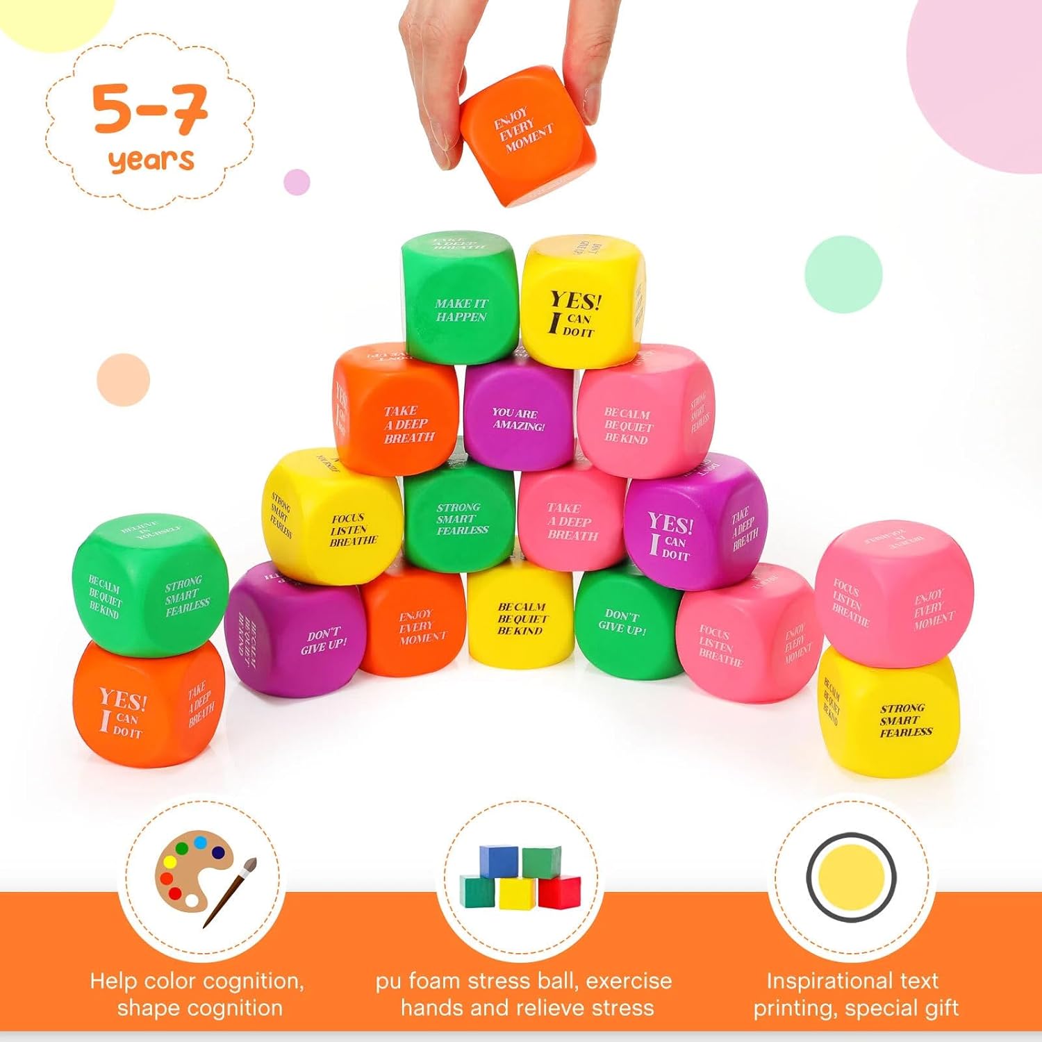 20 Pieces Motivational Stress Ball Bulk for Kids Adults - Cubes Stress Relief Balls with Inspirational Quotes Foam Dice for Classroom School Small Therapy Toys for Grad Gifts Fidget Anxiety, 5 Colors