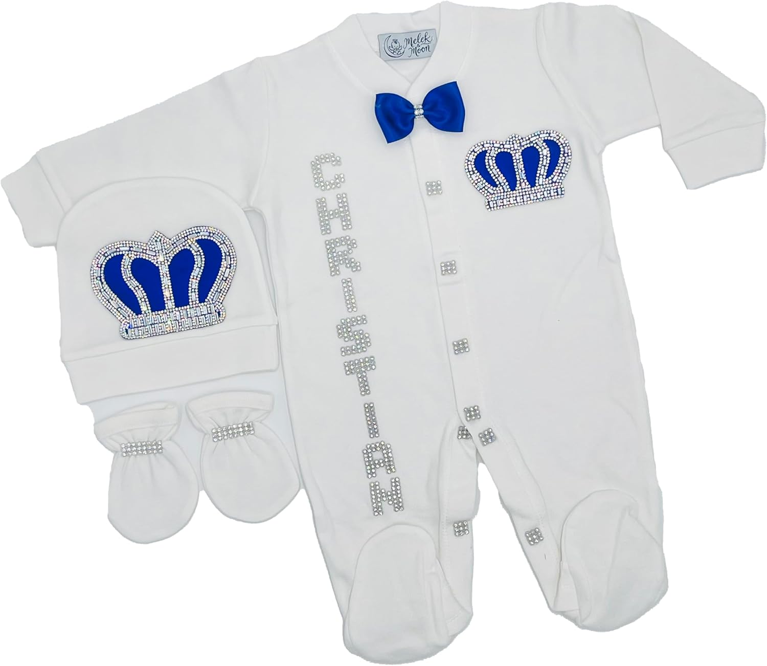 MELEK & MOON Personalized Luxury Infant Newborn Baby Boy Outfit – 3-Piece Cotton Set – Luxe Crown Baby Boy Set
