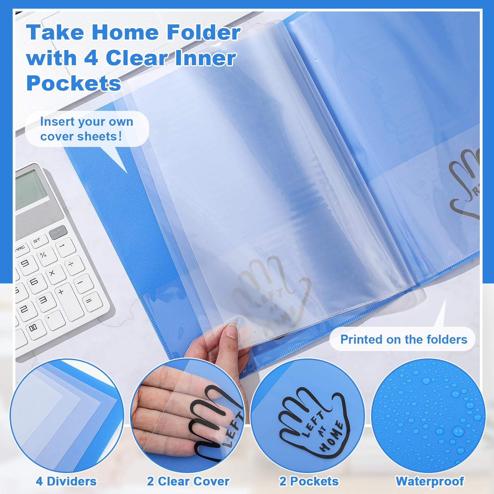 Henoyso 24 Stück Take Home Ordner mit mehreren Fächern, Kunststoff, Archivordner mit 8 Taschen für Eltern-Lehrer-Kommunikation, wasserdicht, 30 x 24 cm, Blau