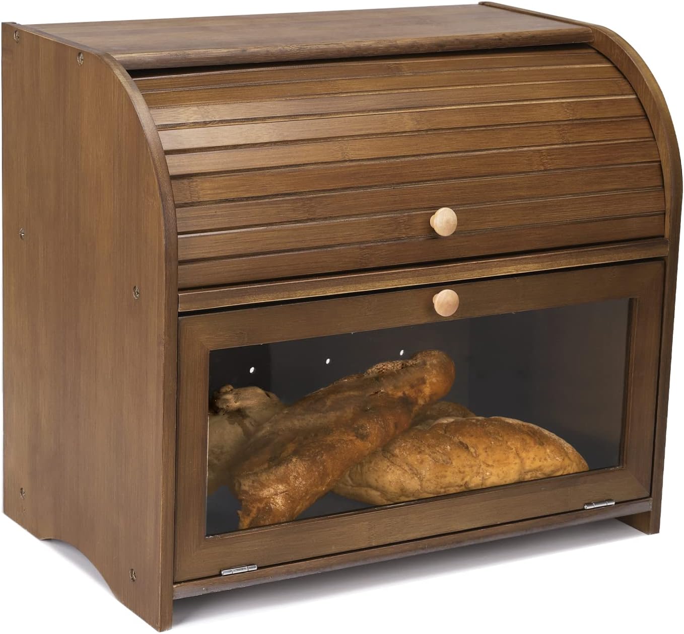 2 Layer Bamboo Roll Top Bread Box Large Capacity Bread Keeper Kitchen Food Storage with Transparent Window- Assembly Required
