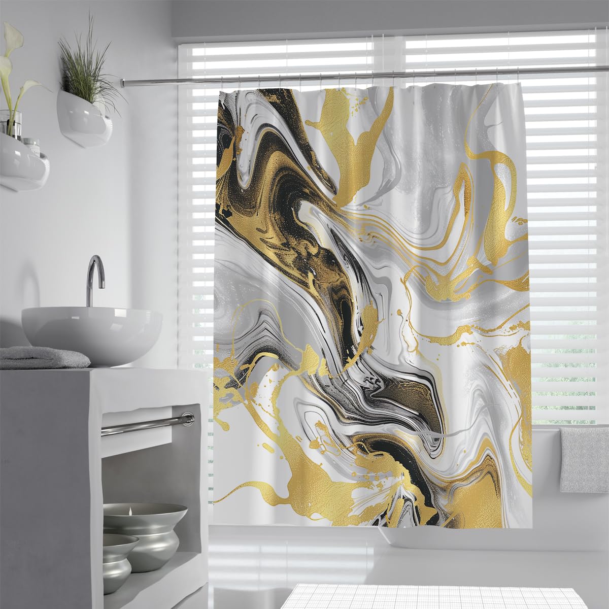 UIRINGART Elegant Bathtub Curtains W150xL200cm Yellow Black Grey Fluid Marble Abstract Waves Pattern with Rustproof Grommets for Home and Hotel Bathroom Decor