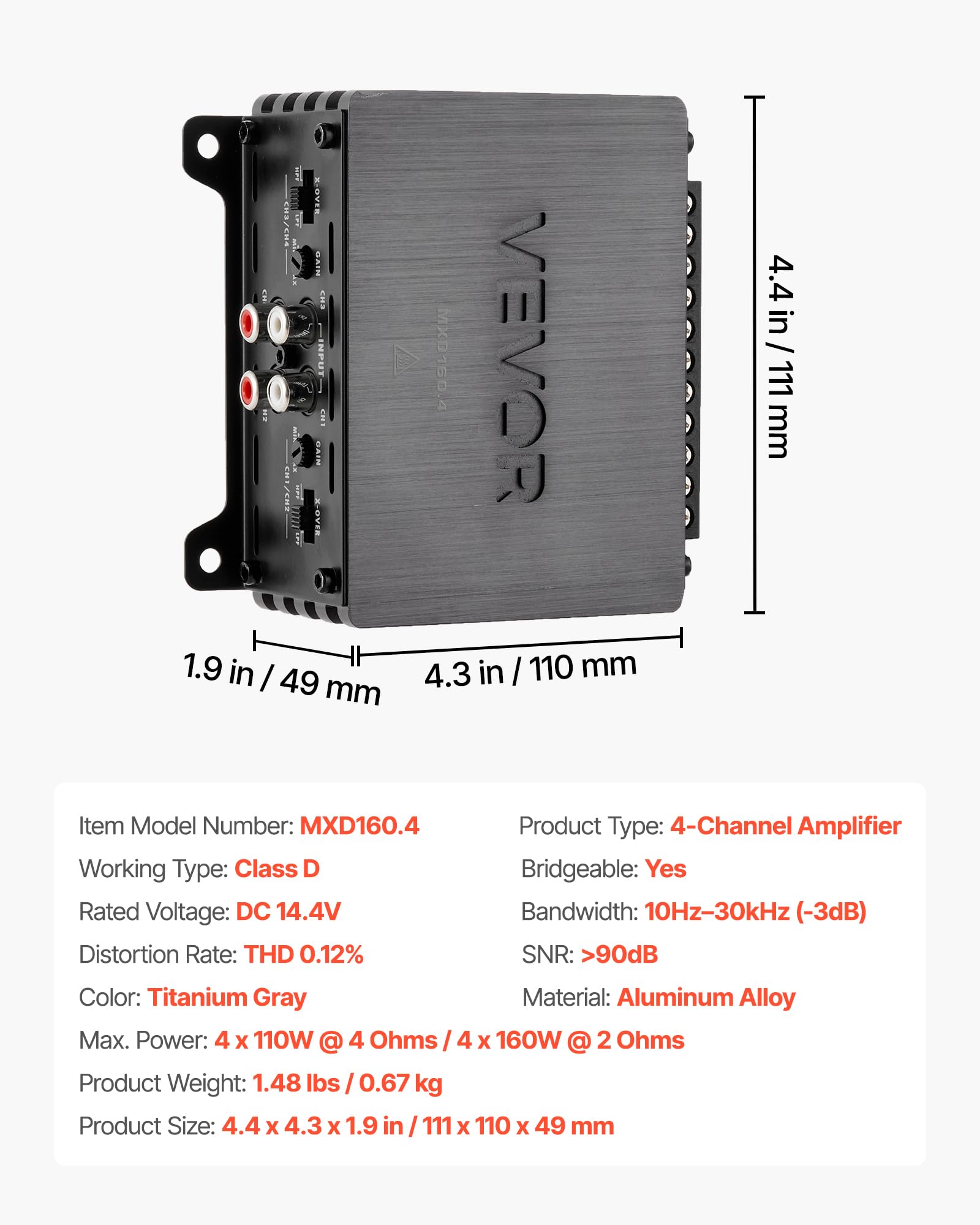 VEVOR Amplificatore Audio per Auto a 4 Canali Amplificatore a Ponte di Classe D max. 4x110 W a 4 Ohm/4x160 W a 2 Ohm, Tensione Nominale 14,4V CC Larghezza di Banda 10 Hz-30 kHz per Veicoli SUV