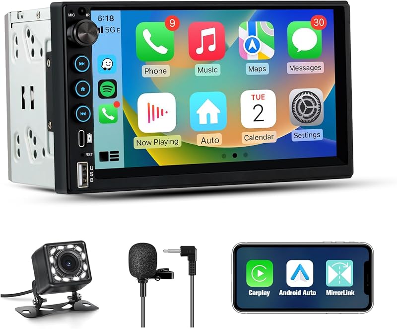 Double Din Car Radio with Wireless CarPlay & Android Auto 7 Inch