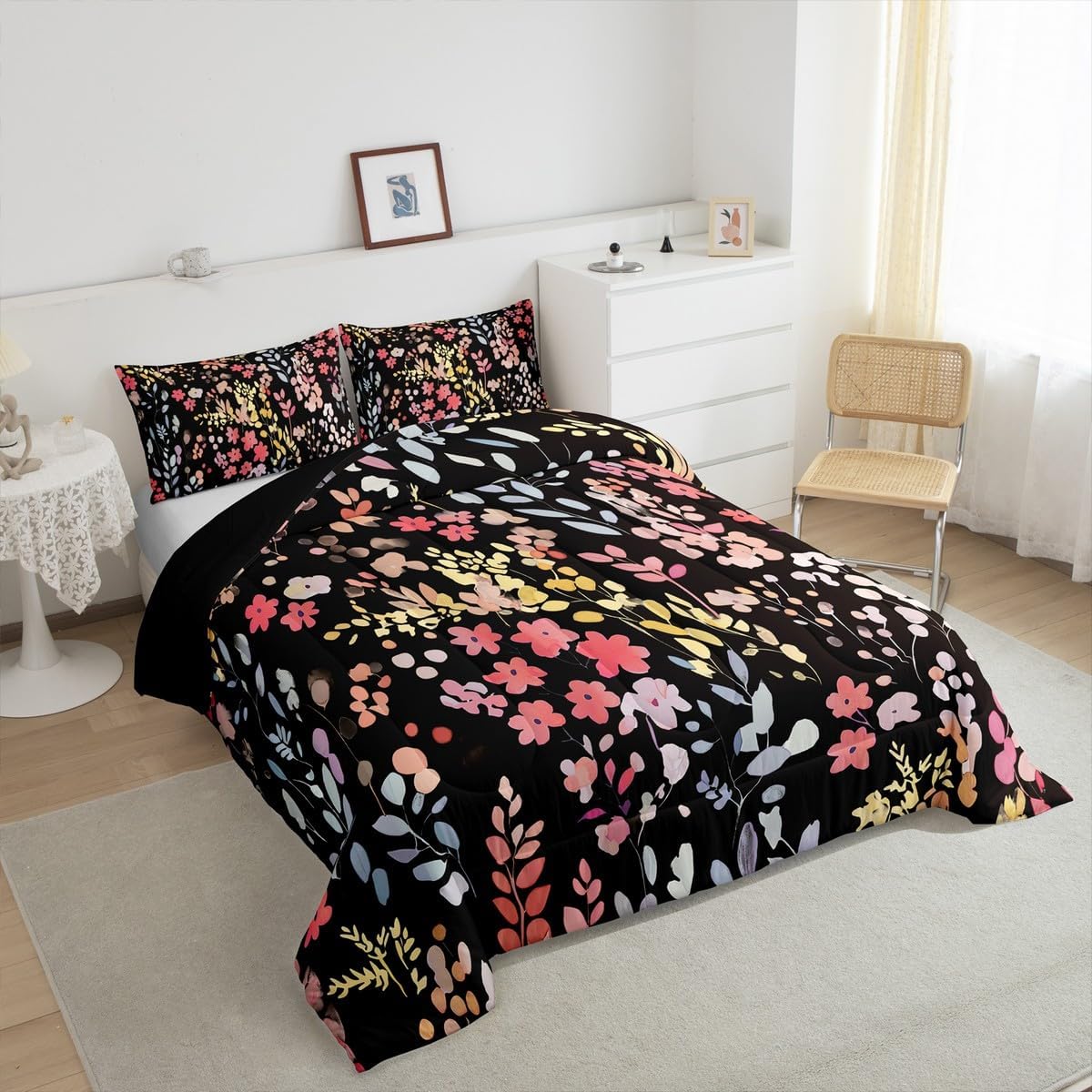 Erosebridal Cute Red Floral Comforter Set Full for Kids Girls Women,Colorful Wild Flower Bedding Set Boho Bedroom Decor,Watercolor Flowers Quilt Bed Set Rustic Wildflower Bed Comforter Set 3Pcs - Image 3