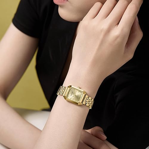 Miniatura 6 de GOLDEN HOUR Reloj rectangular de cuarzo para mujer, correa de acero inoxidable en tono dorado