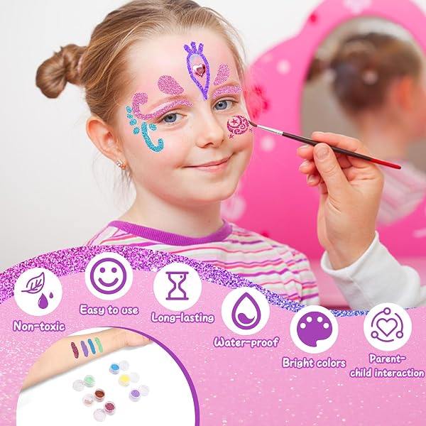 Glitzer Tattoo Set für Mädchen & Erwachsene - 42 Farben Temporäre Tattoos, 215 Strasssteine, 204 Schablonen, 24 Glitzerpulver, 3 Kleber, 5 Pinsel - 2