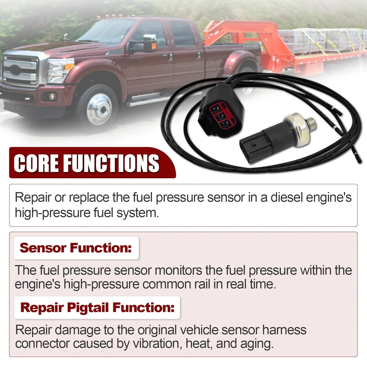 BC3Z-9S599-C Diesel Fuel Pressure Sensor w/Repair Pigtail Compatible with Ford F-250, F-350, F-450, F-550 2011-2016 Super Duty 6.7L Diesel Replace# BC3Z9S599C BC3Z9S599B BC3Z9S599A