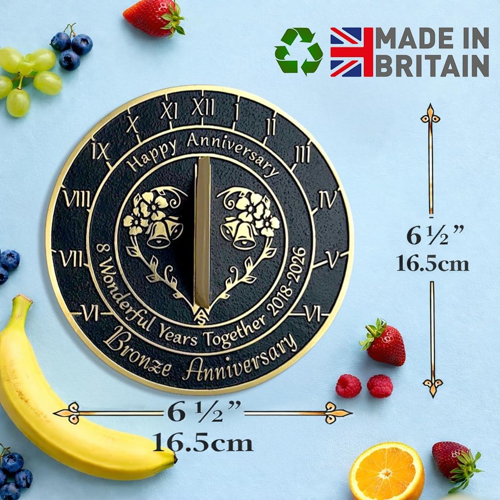 Anniversary Sundial Gift for 8th Bronze Wedding Anniversary in 2026 - Recycled Metal Home Decor Or Garden Present Idea - Handmade in UK for Him, Her Parents Or Couples 8 Year Celebration