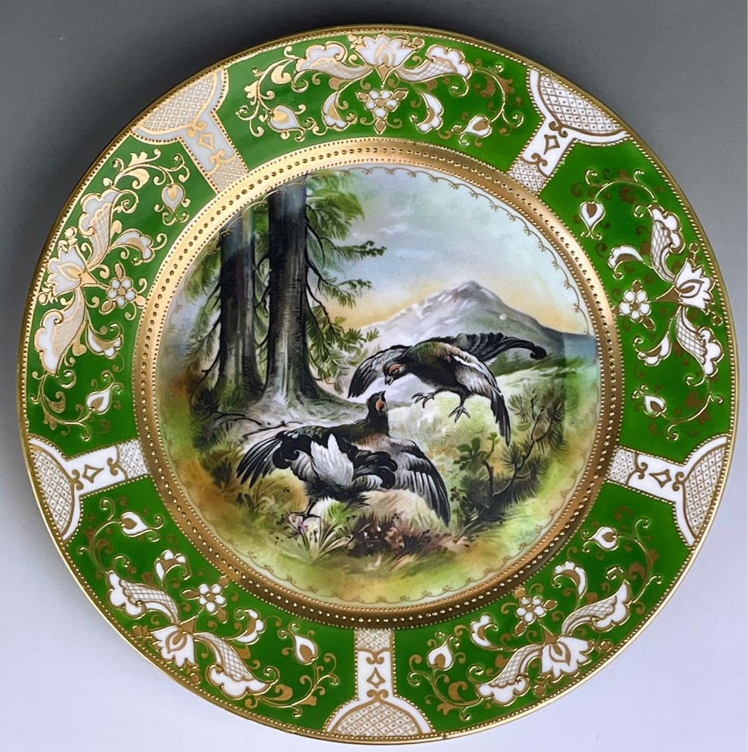 【美品】 オールドノリタケ ２１．９㎝ 黒雷鳥紋金盛り皿 ライチョウ 雉 キジ オールドノリタケ 21．9㎝ 黒雷鳥紋金 盛り皿 ライチョウ 雉 キジ 工芸品