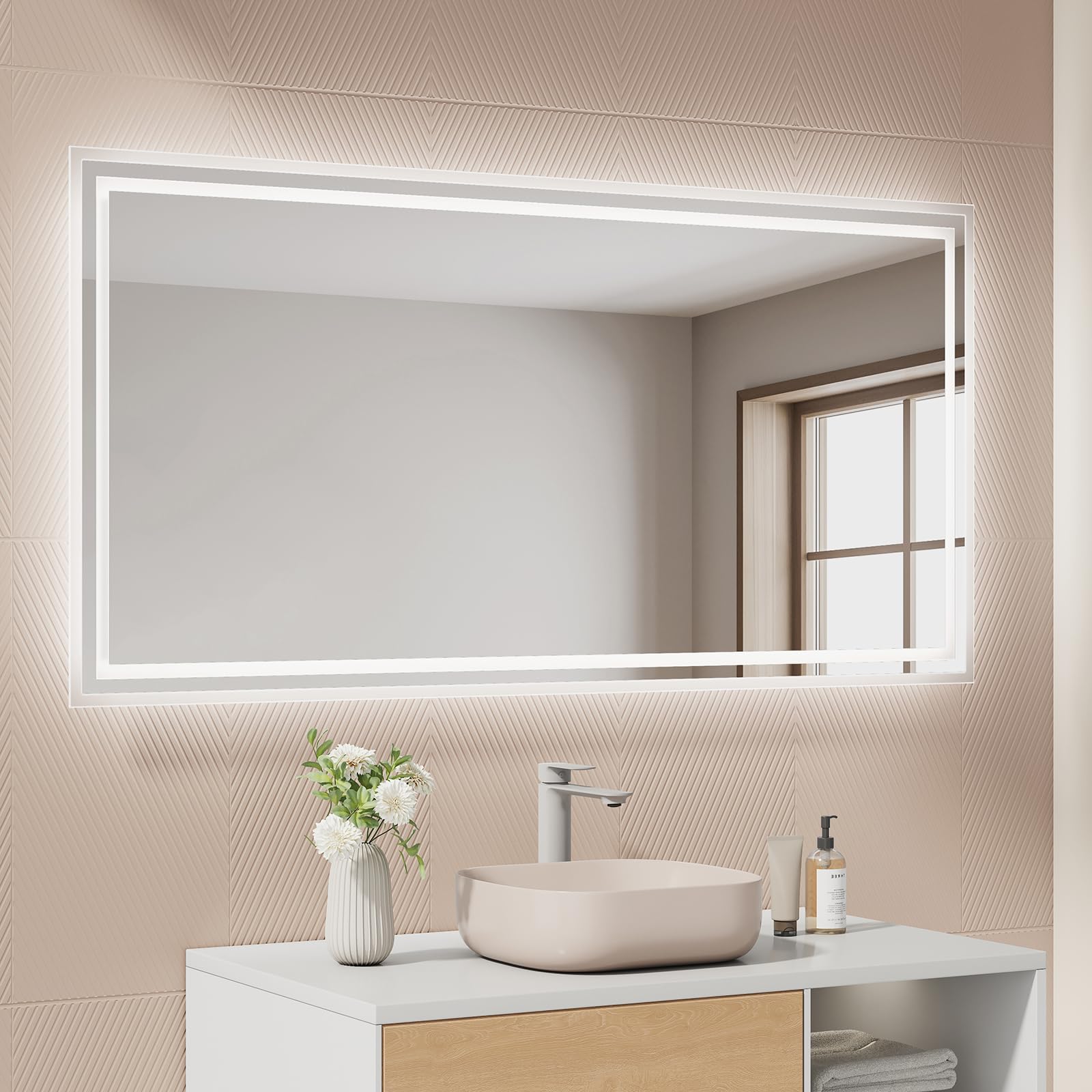 EMKE Espejo Baño con Luz Led, 60x120 cm, Antivaho, Interruptor de Palanca | Espejo de Baño,2 temperaturas de Color (Blanco cálido/Blanco frío), Horizontal/Vertical, Espejo LED, IP44