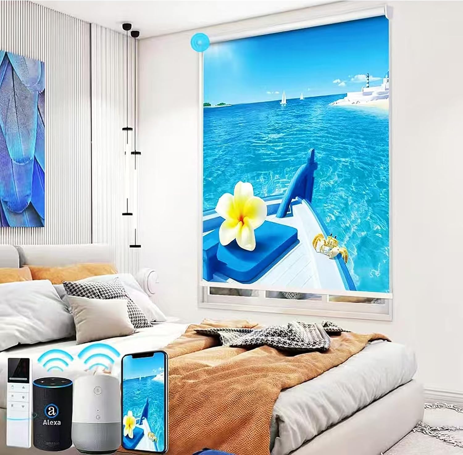 TIPIACE Rechargeable Motorized Printing Blinds Remote Control Full Blackout Fabric Roller Window Shade Compatible with Alexa Google Home via Hub,Customize Picture (White B02008)