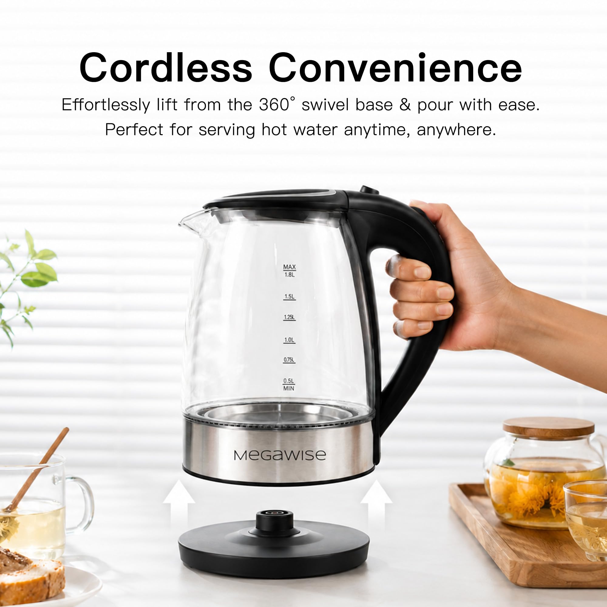 MegaWise Hervidor de agua eléctrico de vidrio borosilicato de 1,8 l con luz LED, apagado automático y protección contra ebullición en seco, hervidor de agua inalámbrico, hervidor de agua de cocción