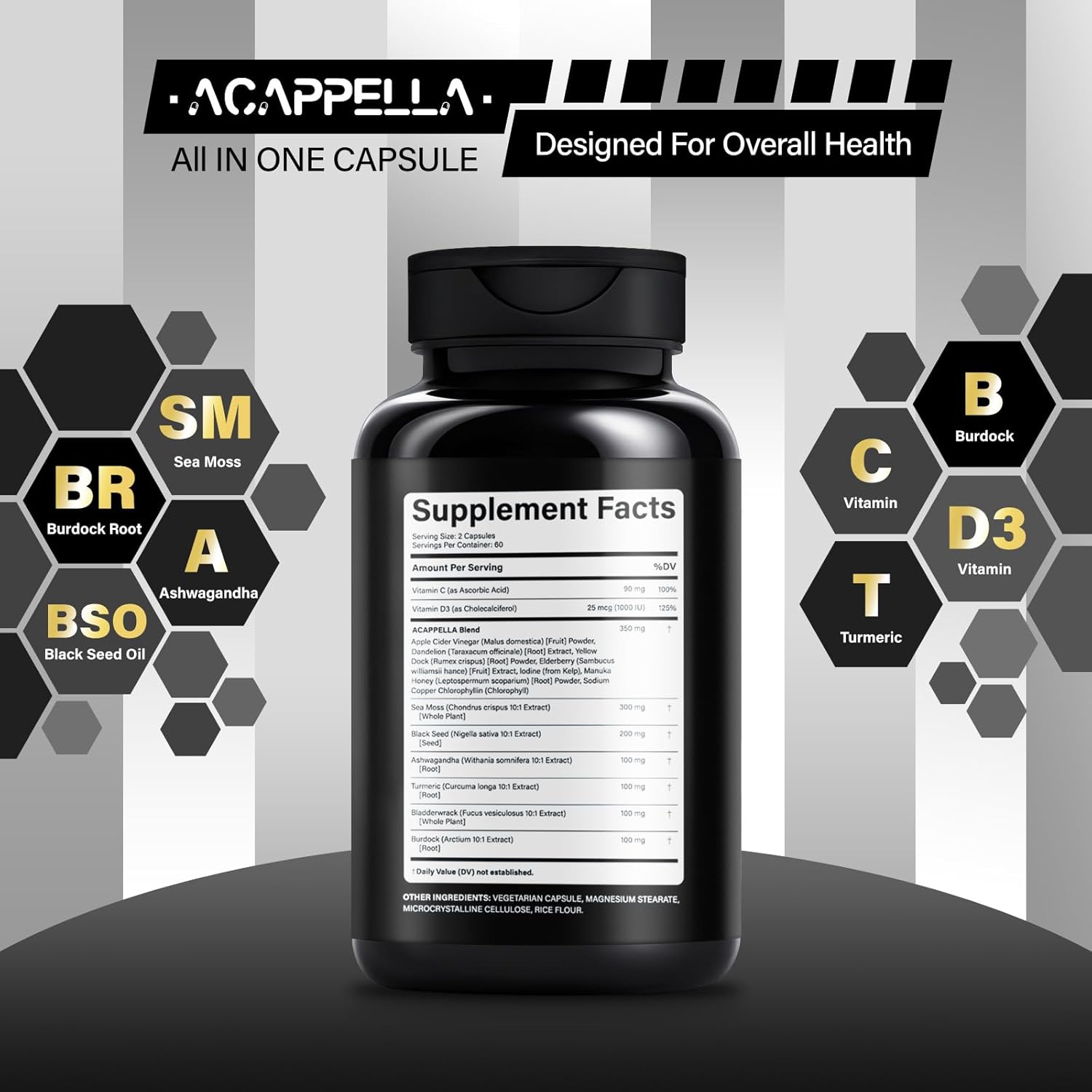 ACAPPELLA Ashwagandha Capsule with Black Seed Oil Capsules Sea Moss Burdock Root Bladderwrack Supplement - 120 Count