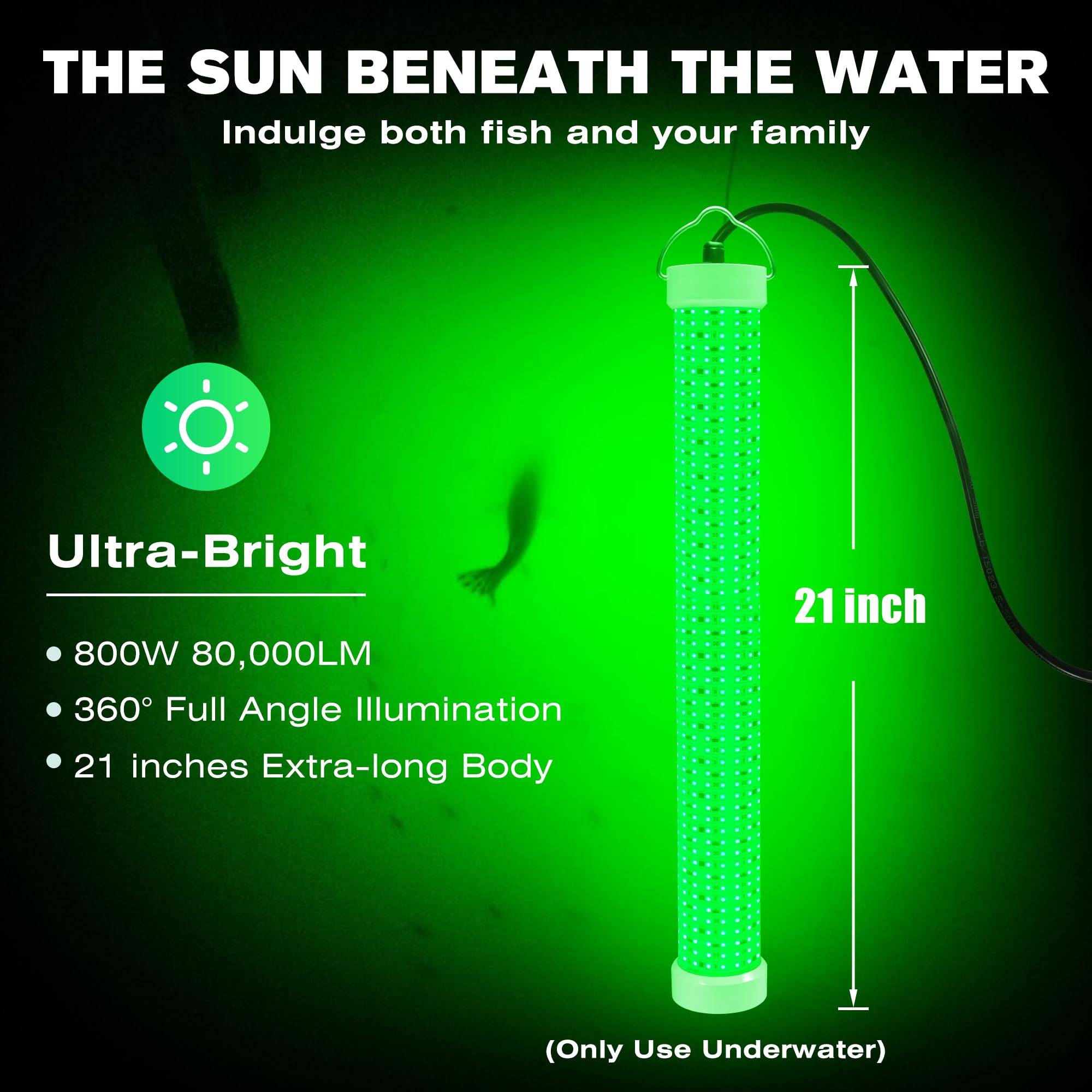Goldlife 110V Underwater Green Fishing Light with 50ft Cable, 21Inch 800W 80000LM GFCI Safety Plug Brightness LED Light Attractants for Docks/Boats/Kayaks, IP69K Rated for Fresh & Salt Water