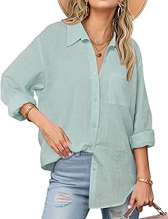 Blusas de lino con botones para mujer, de gasa, algodón, manga larga, blusas informales con cuello, corte holgado