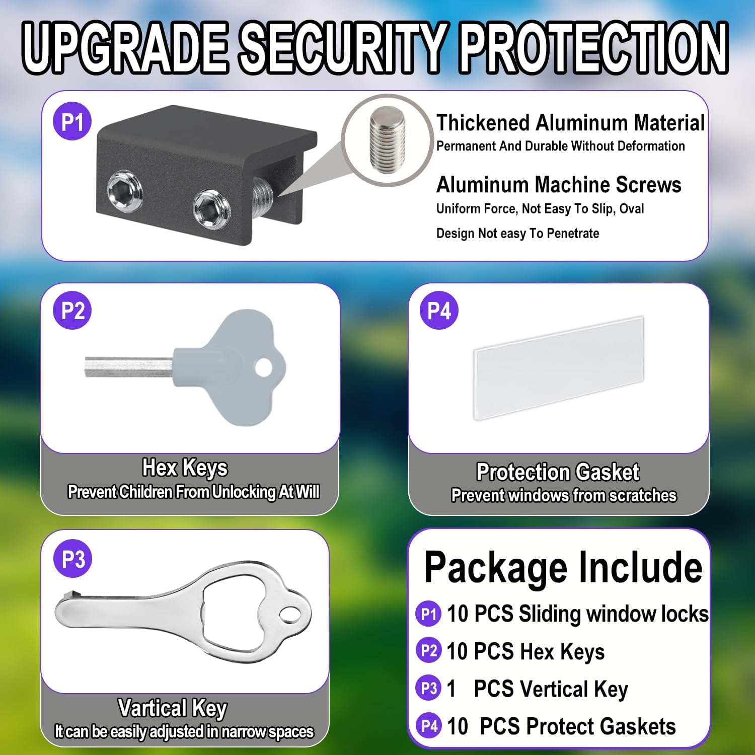 Window Locks,(10 Sets) Sliding Window Locks with Key,Window Locks Security for Up and Down Windows,Adjustable Aluminum Window Stopper,Easv to Install Vertical Window AC Unit Security Lock (Gray)