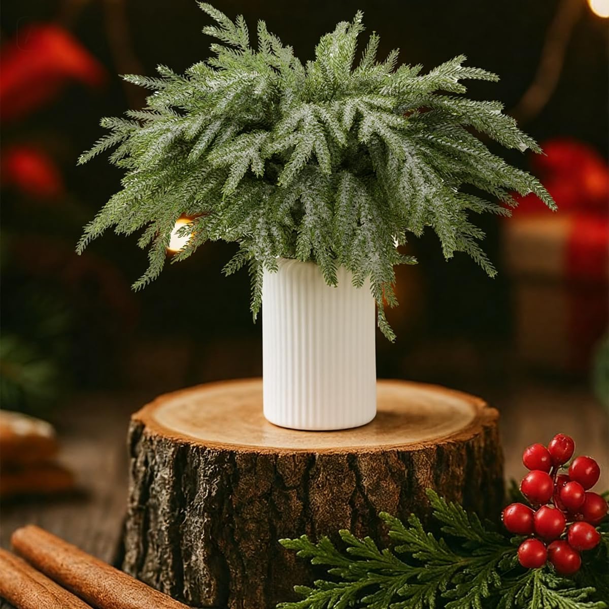 HBell 6Pcs Norfolk Pine Stems,18''Real Touch Artificial Pine Branch Christmas Foliage Picks Tree Filler Branches for Xmas Vase Filler Wreath Garland Home Decor (White)