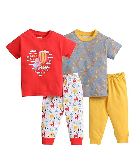 MINITATU Blue.White Half Sleeves Unisex Baby T-Shirt & Pajamas Set Pack of 2