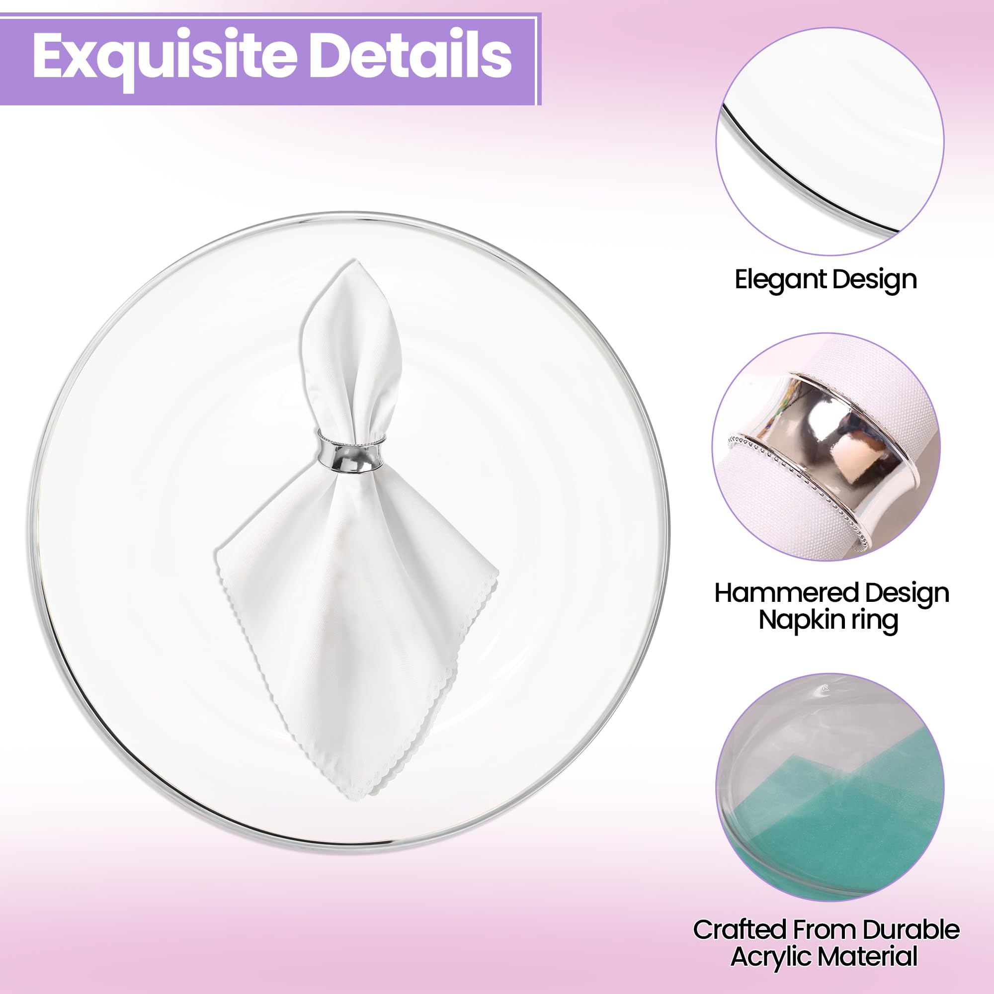 Set di 50 eleganti sottopiatti in acrilico da 33 cm con bordo argentato e 50 portatovaglioli martellati, decorazione per tavolo da pranzo per matrimoni, feste ed eventi speciali, 24 pezzi