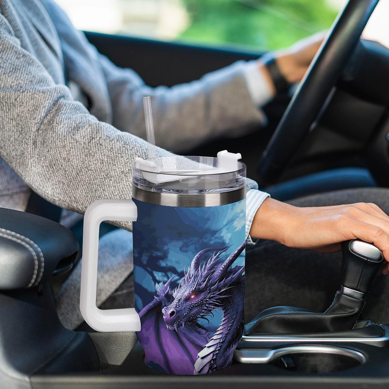Tazas de luna púrpura con pajita y asa, taza de café con aislamiento al vacío de doble pared, botellas de agua para café helado, té, bebida caliente y fría