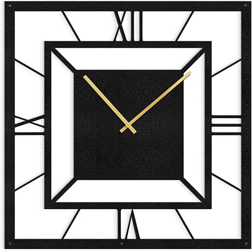 Miniatura 7 de SIGNLEADER Reloj de pared de metal, arte de pared, funciona con pilas, diseño cuadrilátero en negrita, con números romanos, escultura de pared,