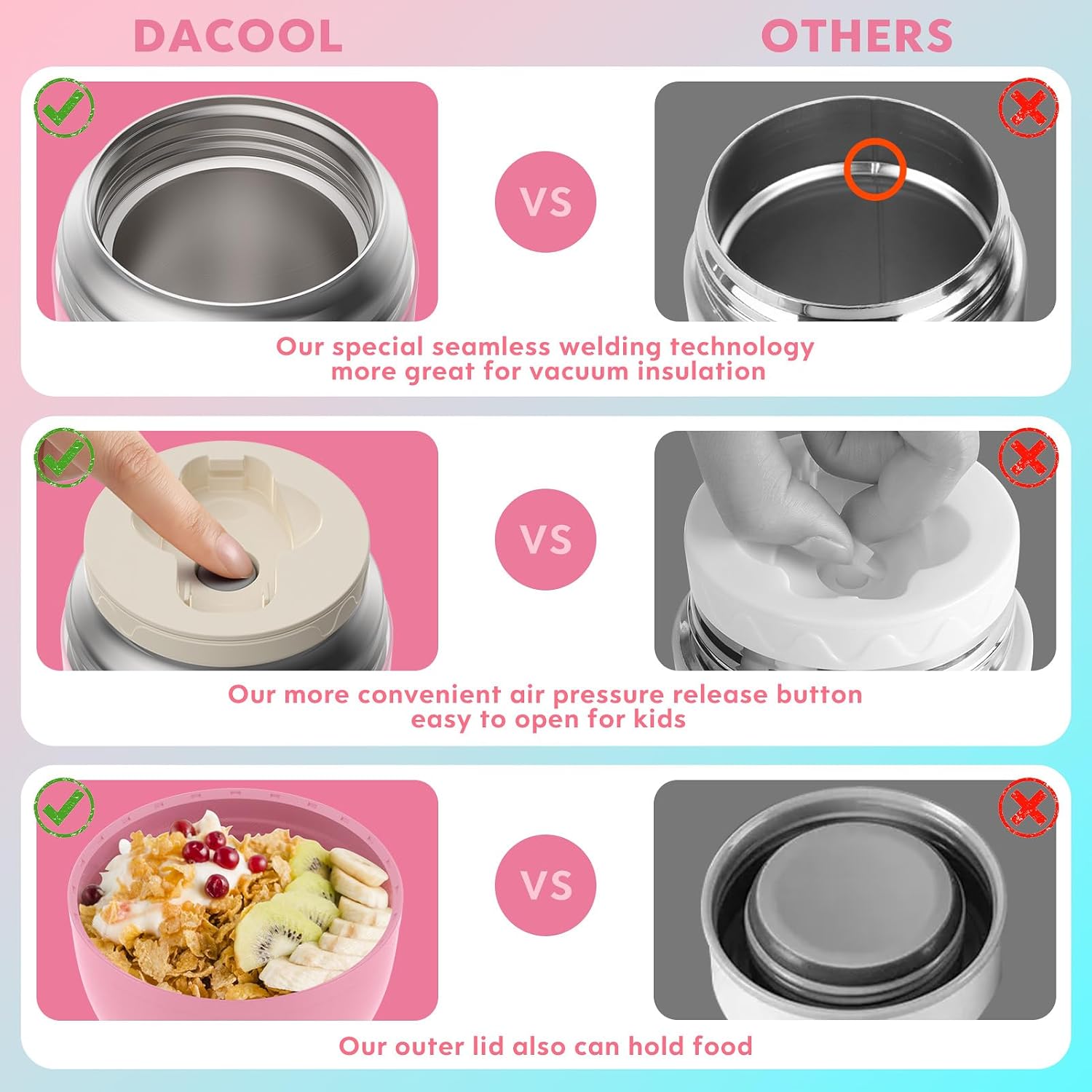DaCool Insulated Food Jar Food Thermo Kids Thermo for Hot Food 16 oz Stainless Vacuum Bento Lunch Therm for Kids Girls Adult with Spoon Leak Proof for School Office Picnic Travel Outdoors, Pink