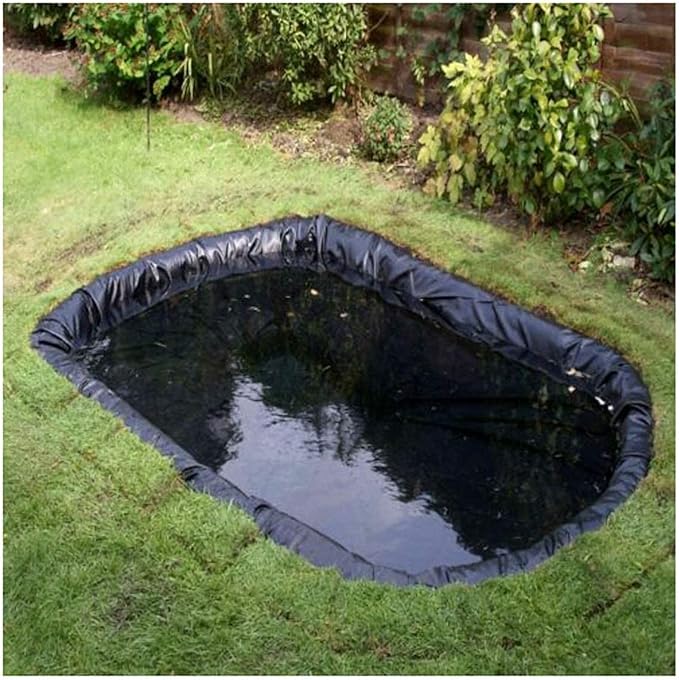 Image Geyao Multi Size Fish Pond Liner Heavy Duty HDPE Pool Waterproof Reinforced Landscape, Black Fish Pond Liner 8 x 10 m for Water Ponds Streams FountainsHome Garden Rubber