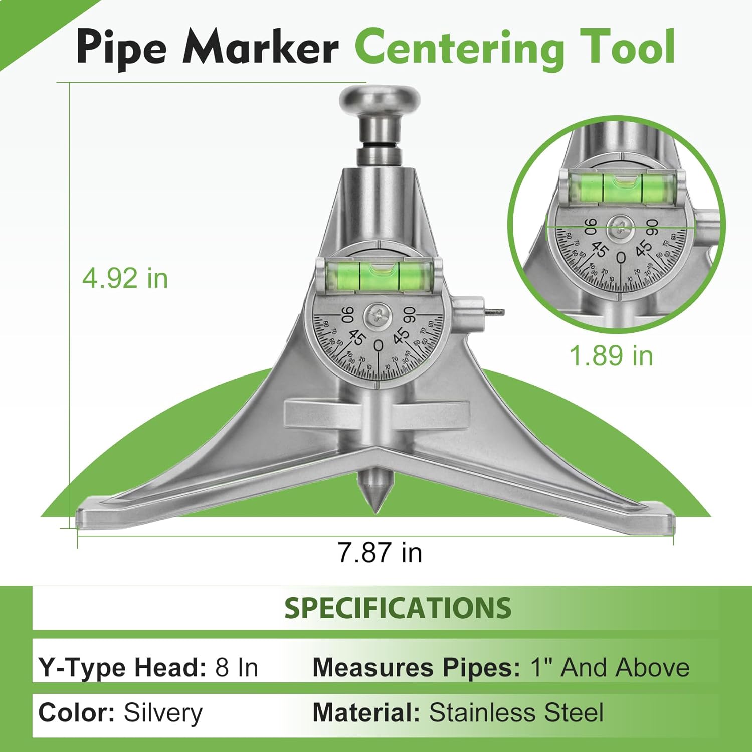 Pipe Marker Centering Head Tool, 8" Y-Type Centering Head for Pipes 1" & Up, Pipe Center Finder with Adjustable Dial Bubble Level Protractor, Punch Tool for Measuring Pipe Diameter