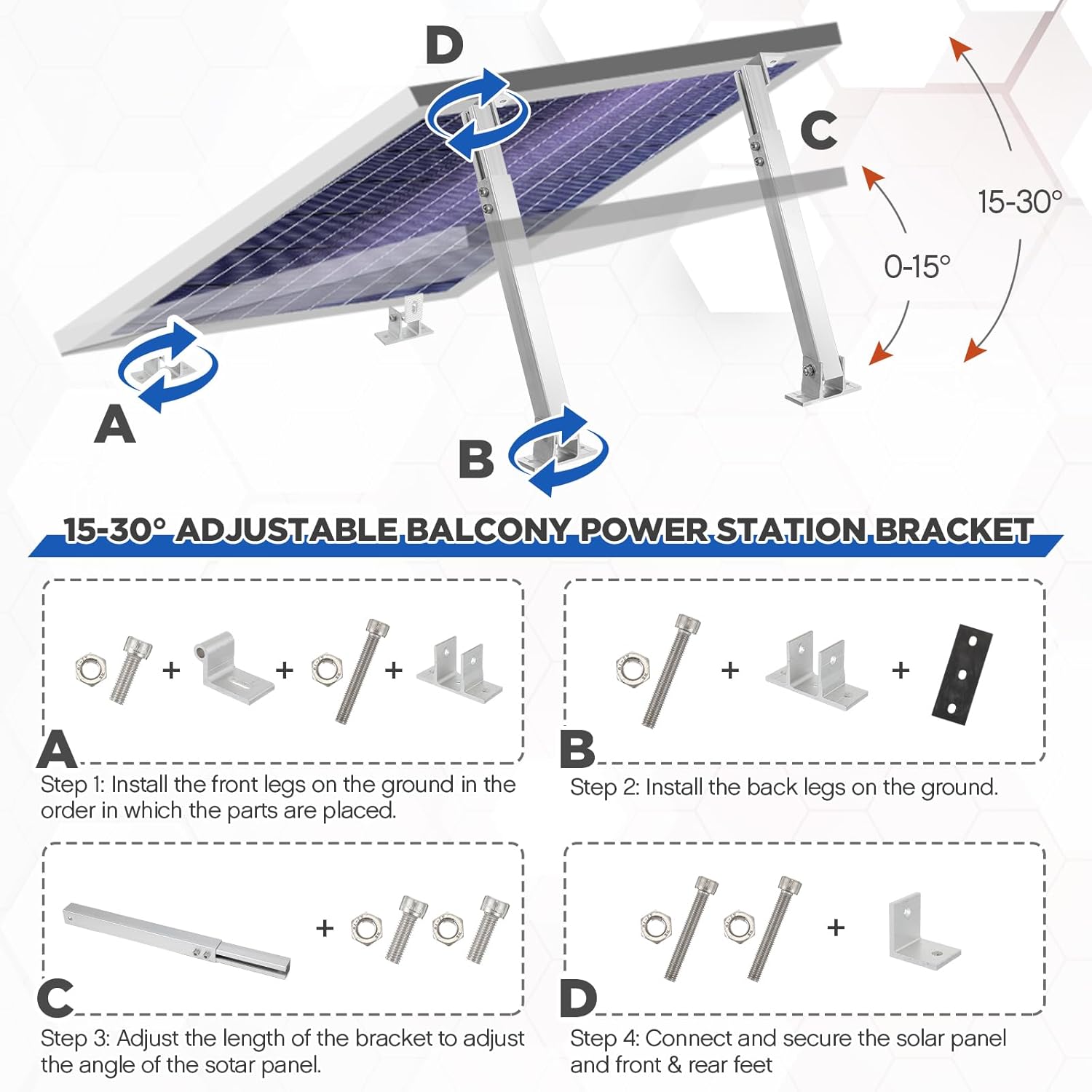 Zonon 4 Pcs Adjustable Solar Panel Tilt Mount Brackets Aluminum Alloy Solar Panel Mounting Supports up to 100 200 300 400 Watt for Flat Surface Roof RV Boat Off-Grid