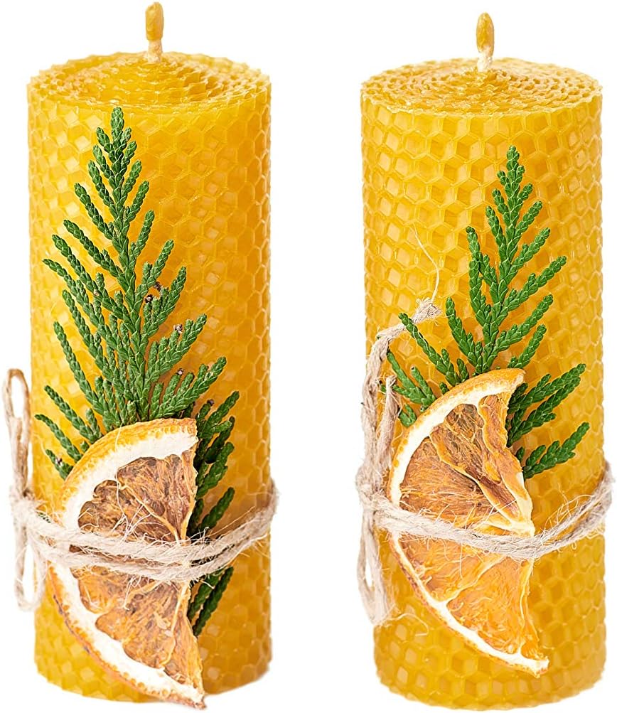 100% Beeswax Candles Gift Box Set of 2 Natural Hand Rolled Pillar Candles (Size 5 x 2 in) for Gift and Home Decor (2 Yellow Candles with Decor) Made in Ukraine