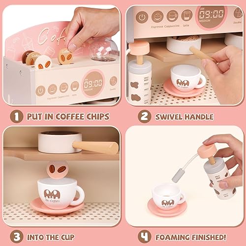 Miniatura 5 de Cafetera de madera para niños, juego de máquina de café espresso con molinillo para niños pequeños, accesorios de cocina Montessori, juguete de