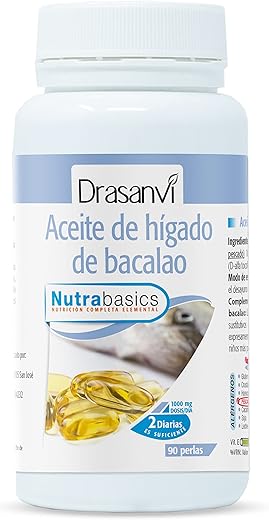 DRASANVI NUTRABASICS ACEITE DE HÍGADO DE BACALAO - Vitamina E - Rico en Ácidos grasos Omega 3 + Vitaminas A y D - SIN GLUTEN - 90 perlas