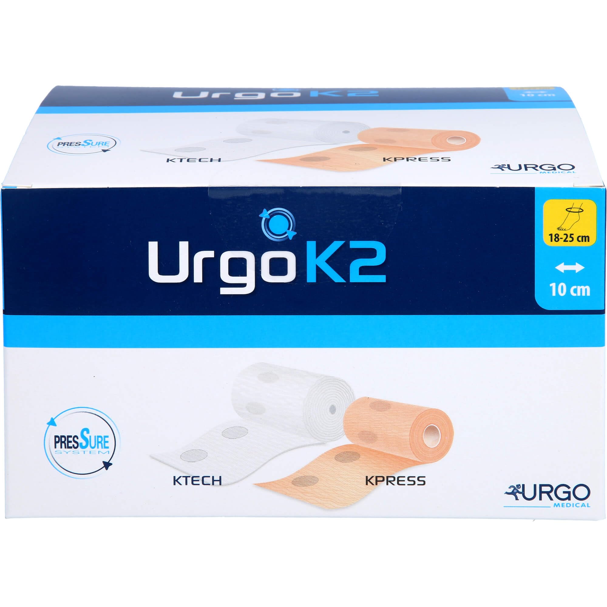UrgoK2 zweilagiger Kompressionsverband mit Druckindikator Knöchelumfang 18-25 cm 10 cm breit, 1 Sztuka Bandaż