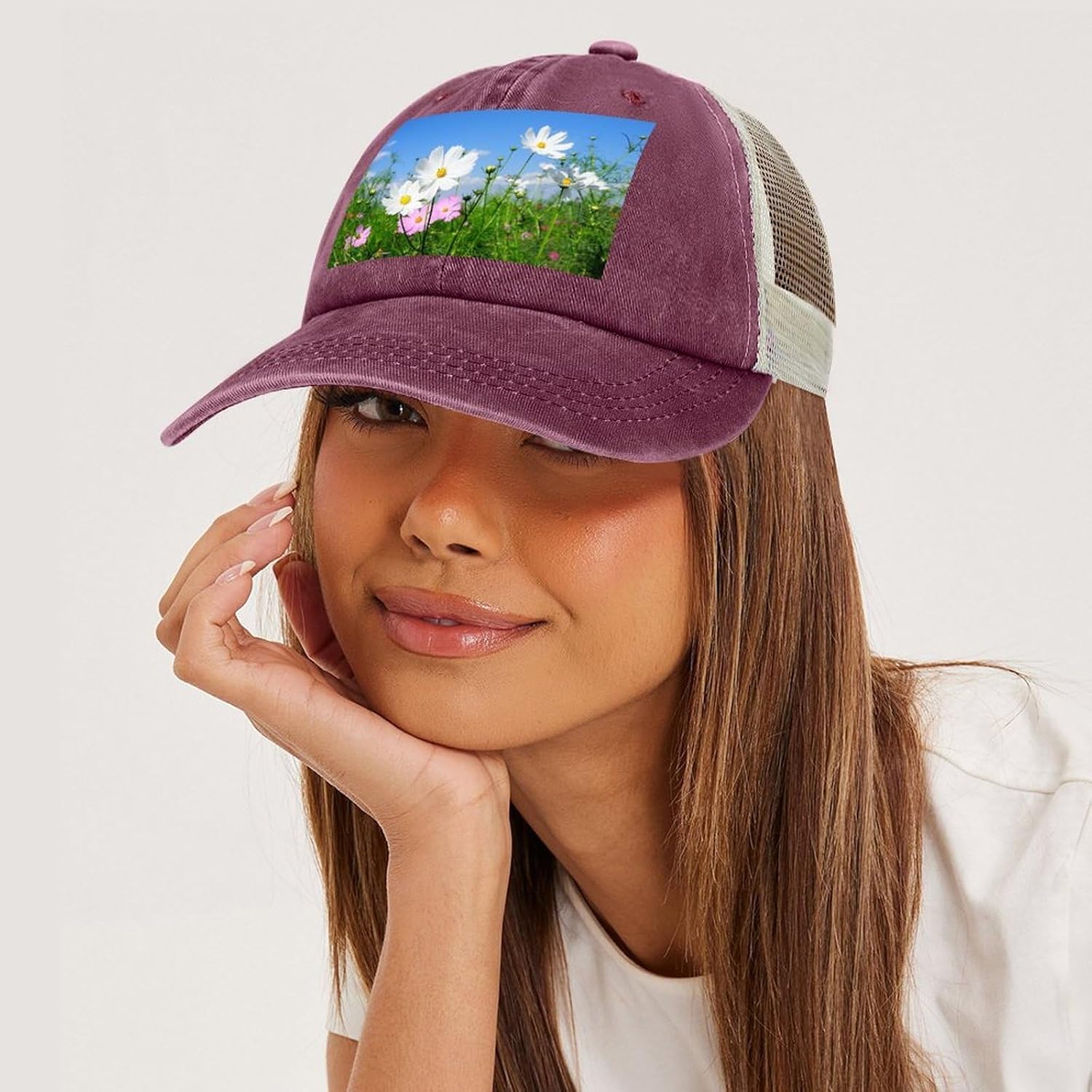 Pink and White Flowers Hat Personalized Adjustable Cowboy Cap Cotton Cap Trucker Hats Dad Hat for Men Women
