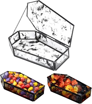 Afirst Halloween Glass Coffin Box with Lid, Halloween Candy Bowl, Vintage Gothic Storage, Jewelry Holder, Metal Frame