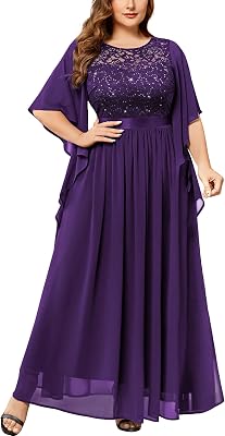 Miusol Women's Plus Size Sequin Lace with Ruffle Cape Cloak Sleeves Elegant Evening Gown Wedding Guest Maxi Dress
