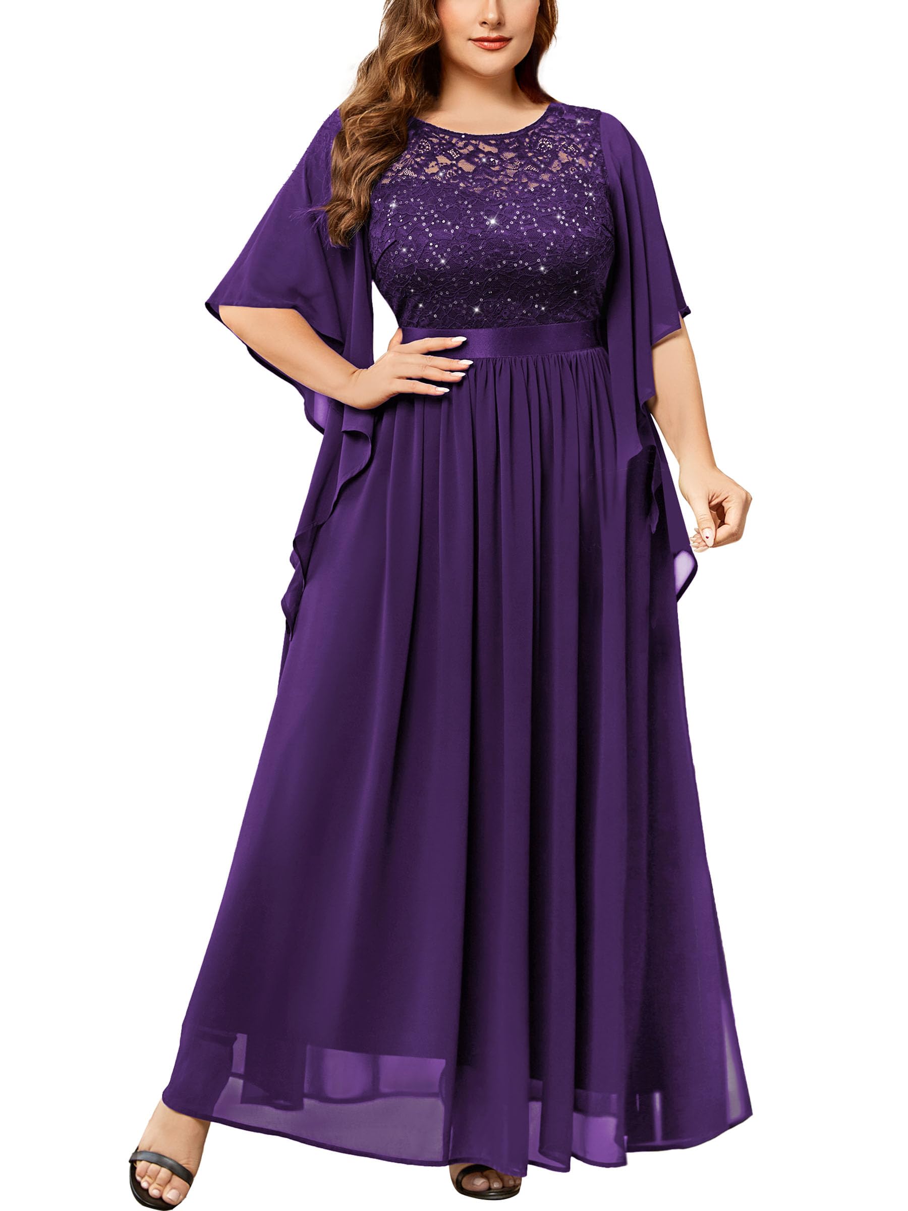 Miusol Women's Plus Size Sequin Lace with Ruffle Cape Cloak Sleeves ...