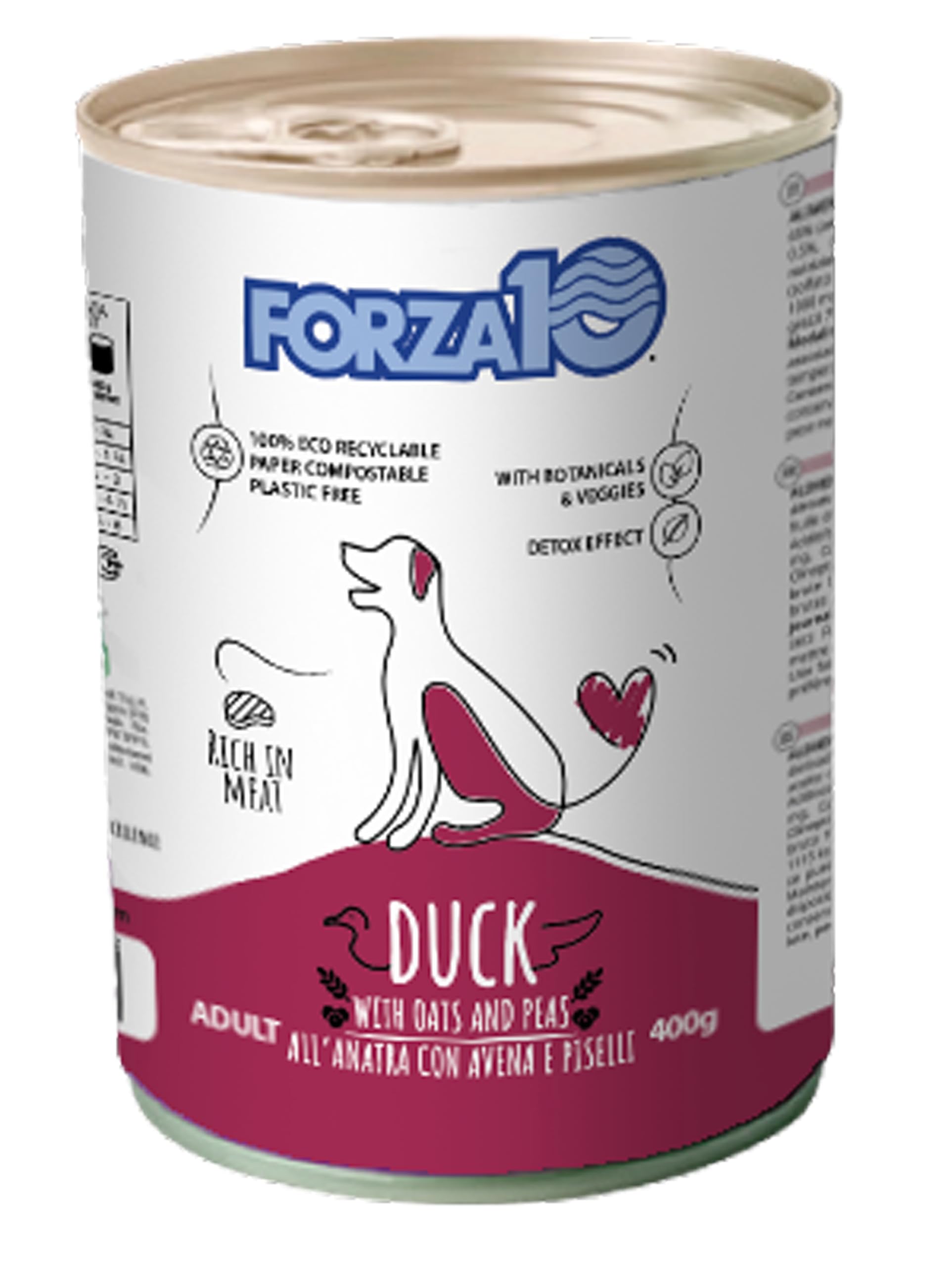 Anatra,Avena e Piselli – Forza10 Cibo Umido per Cani Adulti di tutte le Taglie e Razze, Monoproteico, 12 Lattine x 400g, Alimento Completo Ricco in Carne.