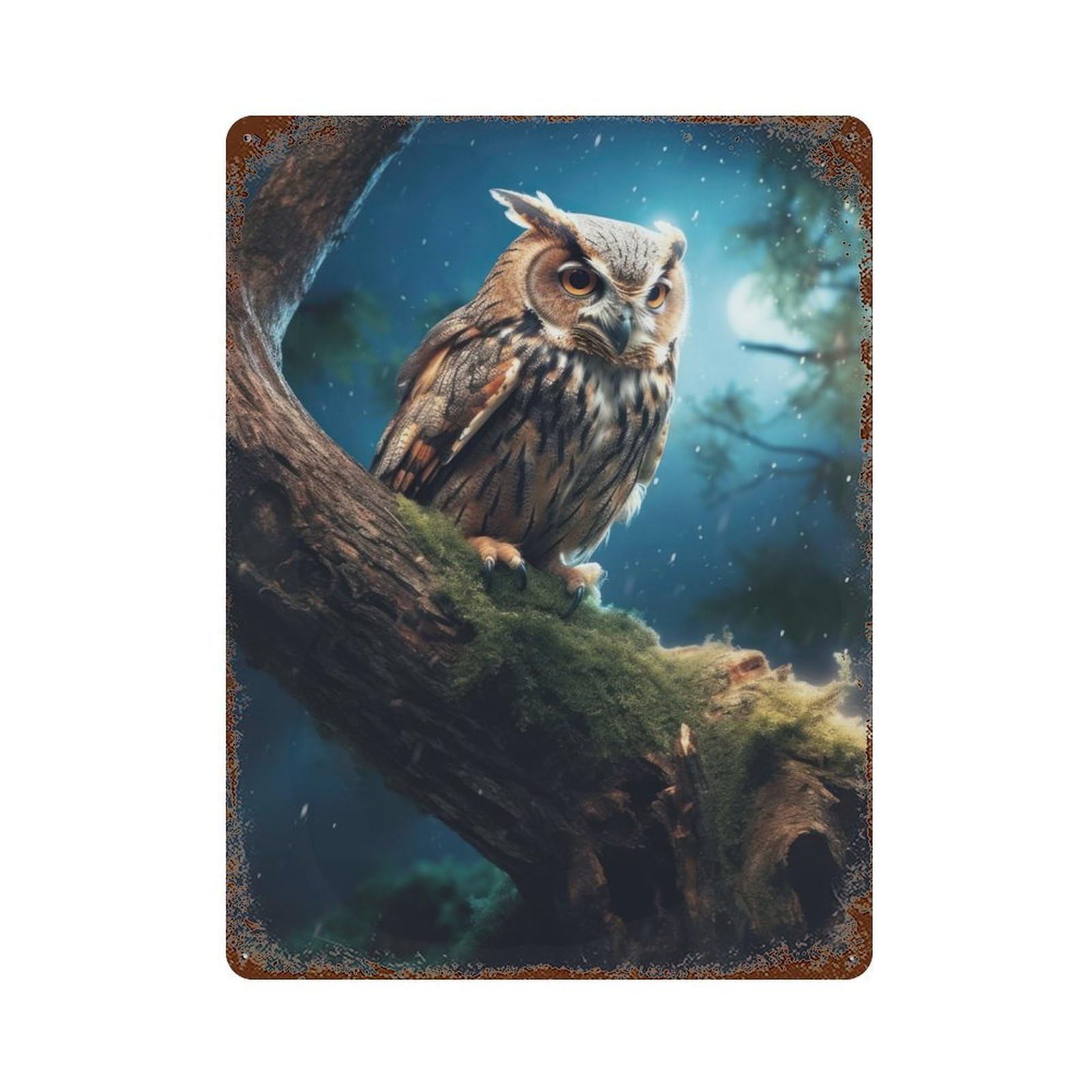 Retro Metal Sign Fantasy Owl at Night 15.7"x11.8", Retro Wall Decor for Living Room, Hallway And Home Decor