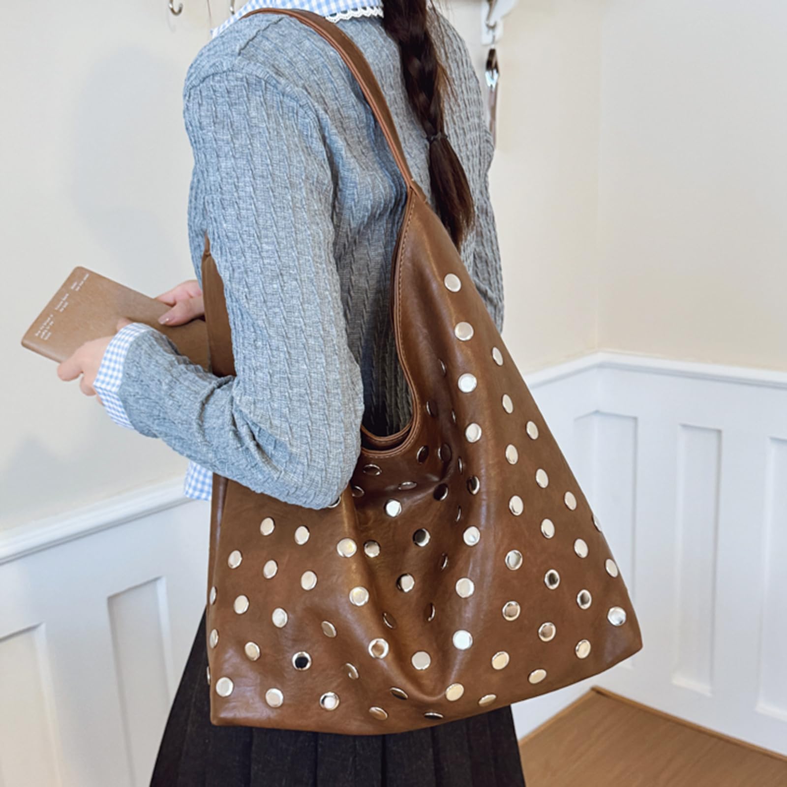 Bolso de mano de piel sintética para mujer con remaches, bolsa de hombro informal de gran capacidad para actividades diarias y salidas, Café 2 unidades, 460x280x220MM, Informal