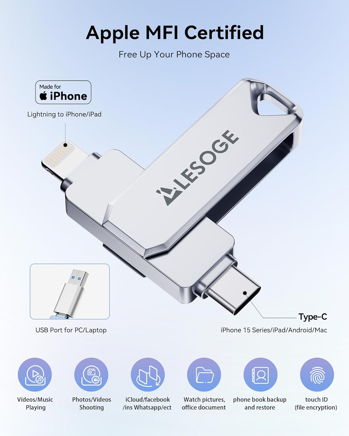 mfi certified 256gb flash drive for iphone photo stick thumb drive, usb memory stick iphone flash drive for photos videos, high speed jump drive external storage for iphone/ipad/android/pc (silver) 256gb metallic silver