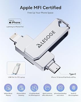 MFi Certified 256GB Flash Drive for iPhone Photo Stick Thumb Drive, USB Memory Stick iPhone Flash Drive for Photos Videos, High Speed Jump Drive External Storage for iPhone/iPad/Android/PC (Silver)