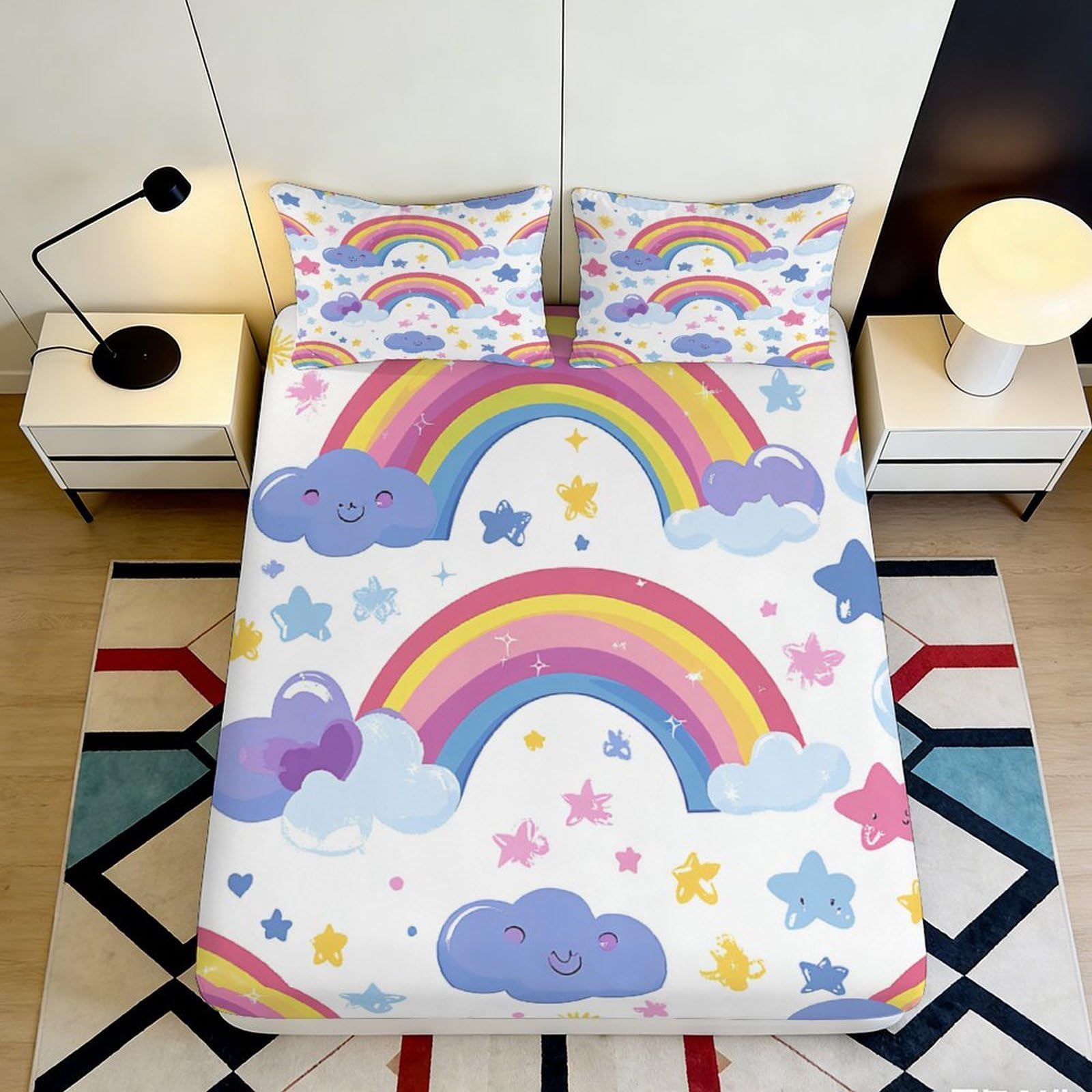 3D Printed Rainbow Cloud Fitted Sheet Microfiber Soft Mattress Cover for Bedroom Guest Room Dustproof Decor 90x200x25cm