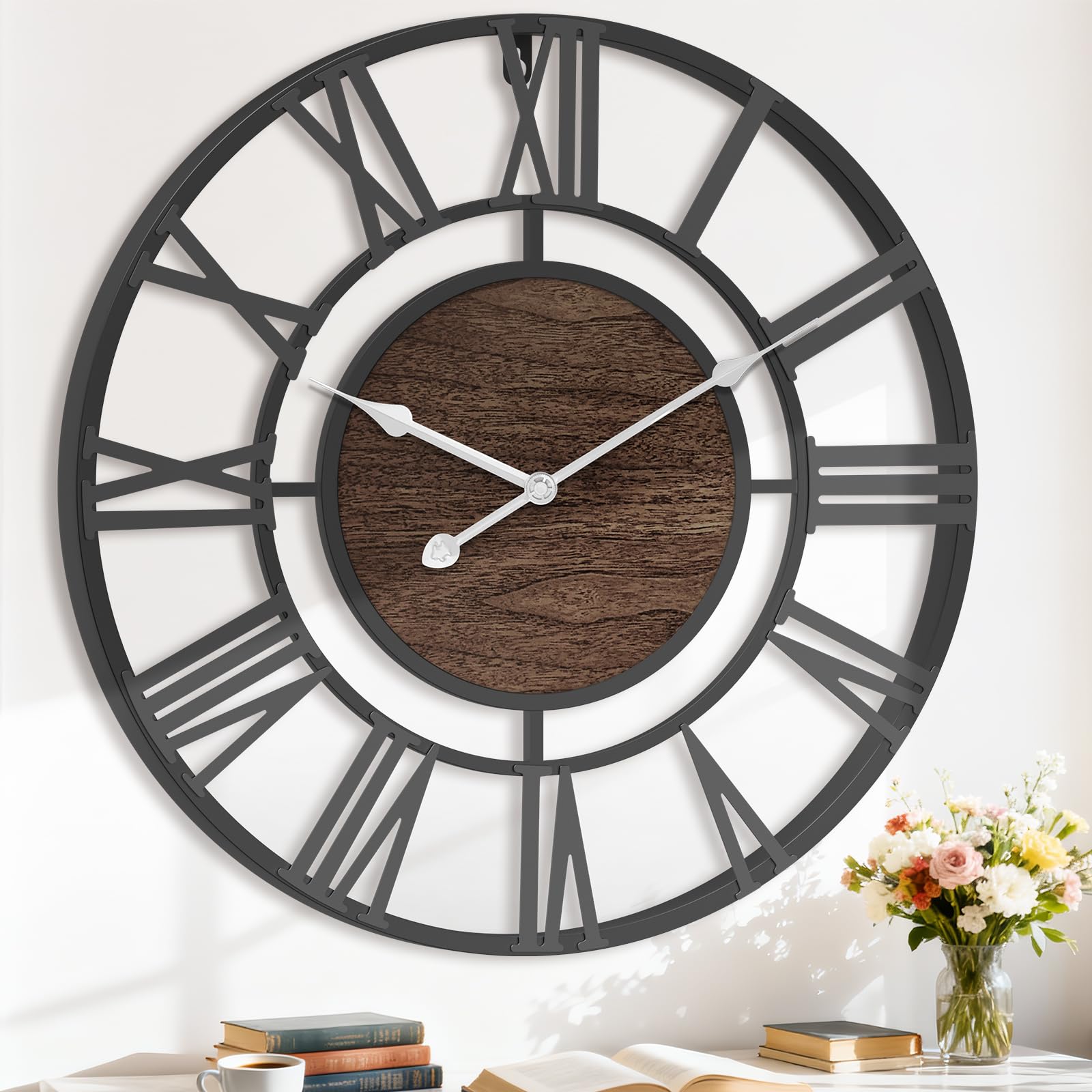 Pytha Sight Large Wall Clock for Living Room,40cm Black Skeleton Modern Big Silent Vintage Walnut Wood Roman Numerals Wall Clocks for Kitchen,Bedroom, Office, Fireplace, Classroom Home Decor